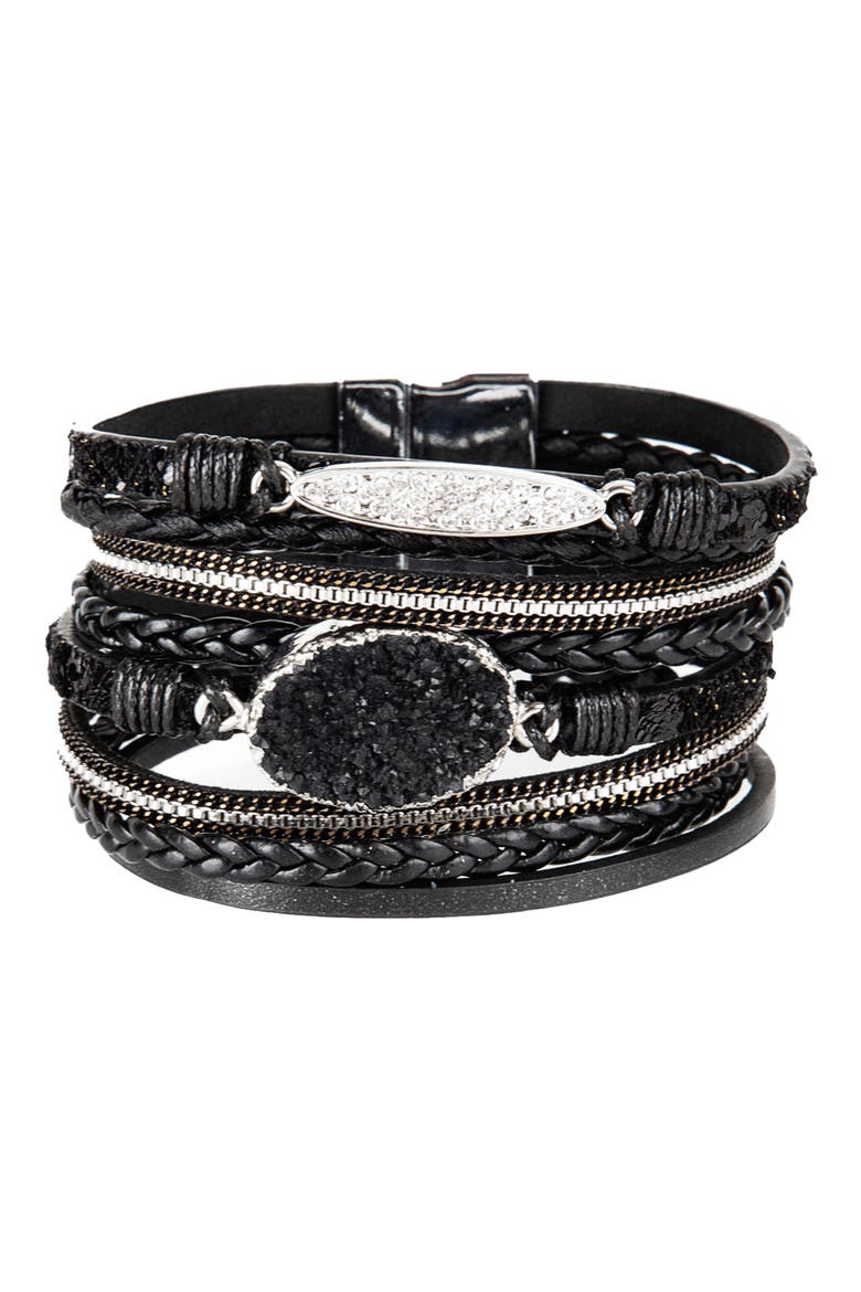 Sparkling Druzy Leather Bracelet, Main, color, BLACK
