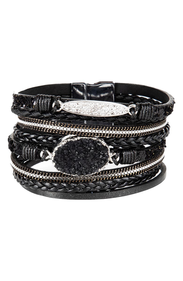 SAACHI Sparkling Druzy Leather Bracelet, Main, color, Black