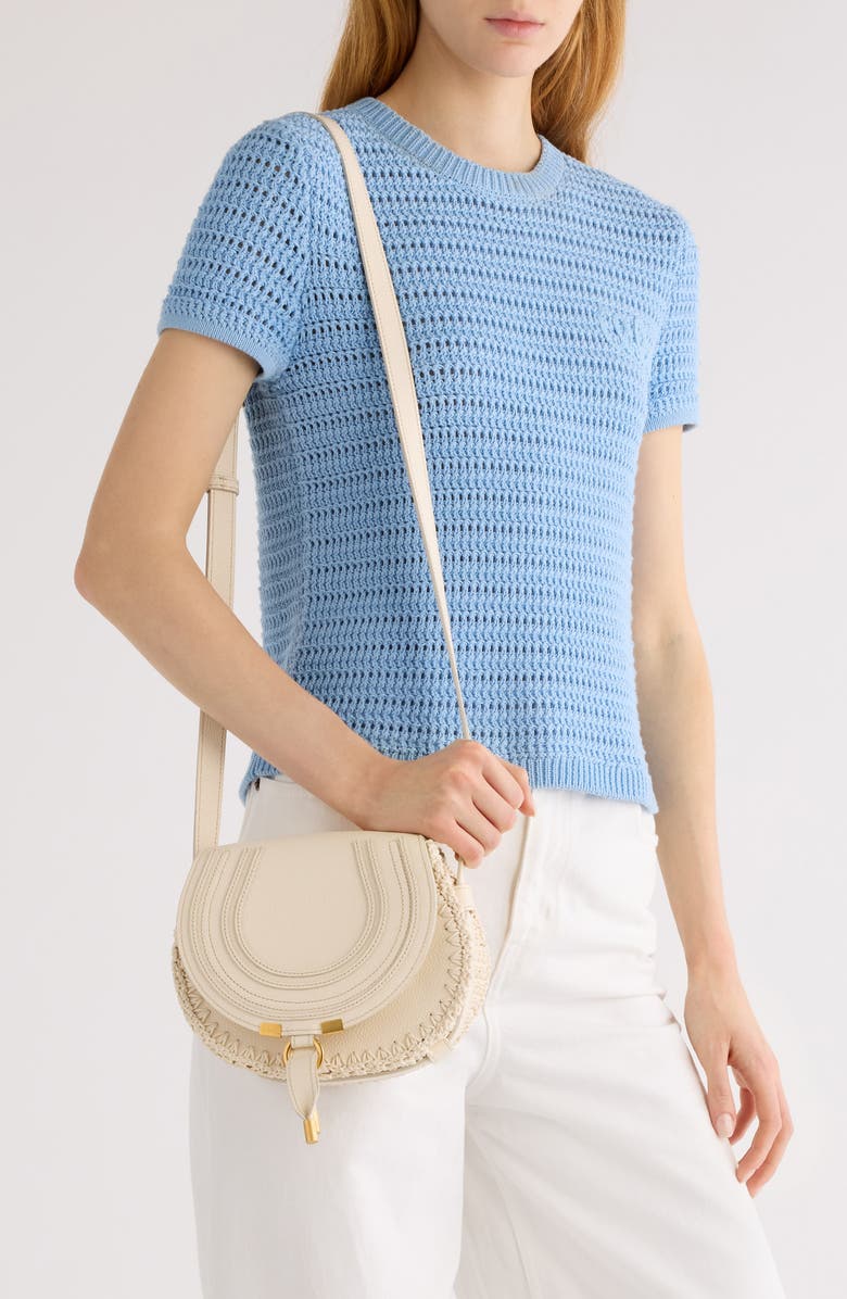 Chloé Small Marcie Crochet Trim Leather Crossbody Bag, Alternate, color, White