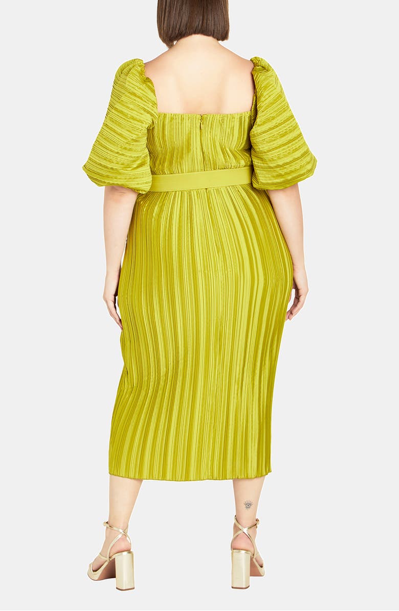 City Chic Krista Pleated Puff Sleeve Midi Dress, Alternate, color, Chartreuse