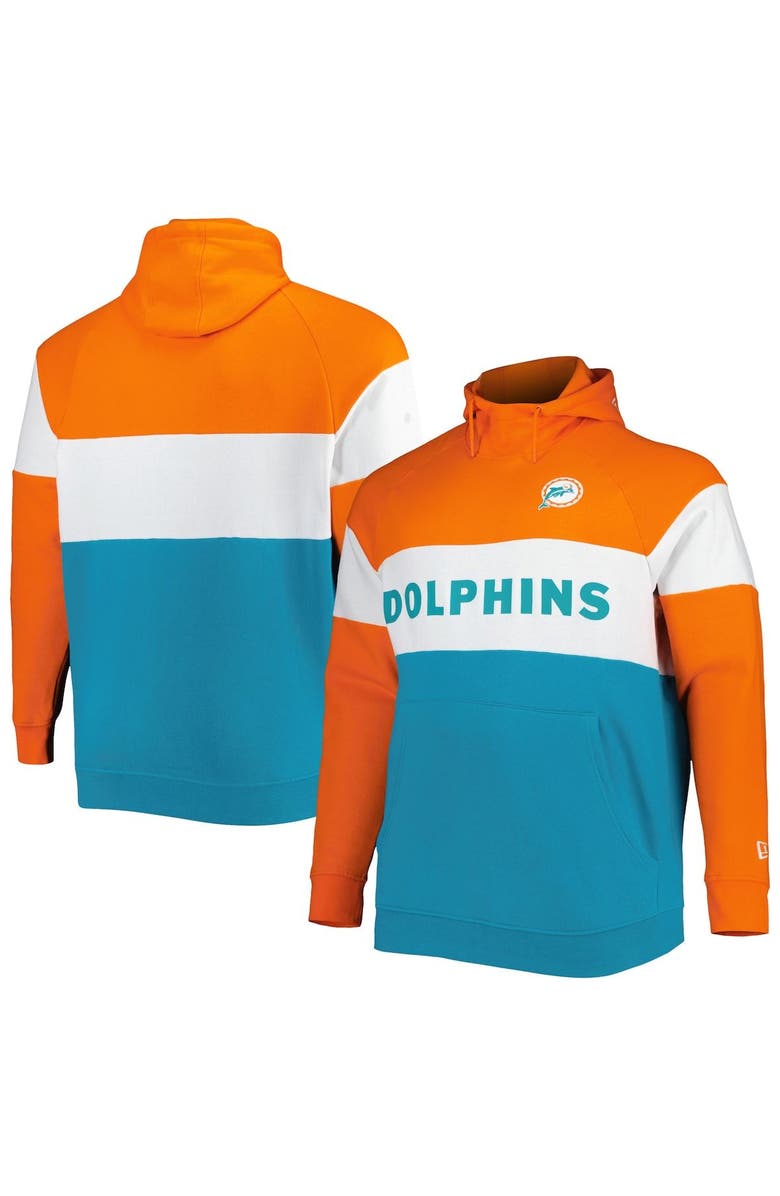 New Era Men's New Era Orange/Aqua Miami Dolphins Big & Tall Throwback Colorblock Fleece Raglan Pullover Hoodie, Main, color,