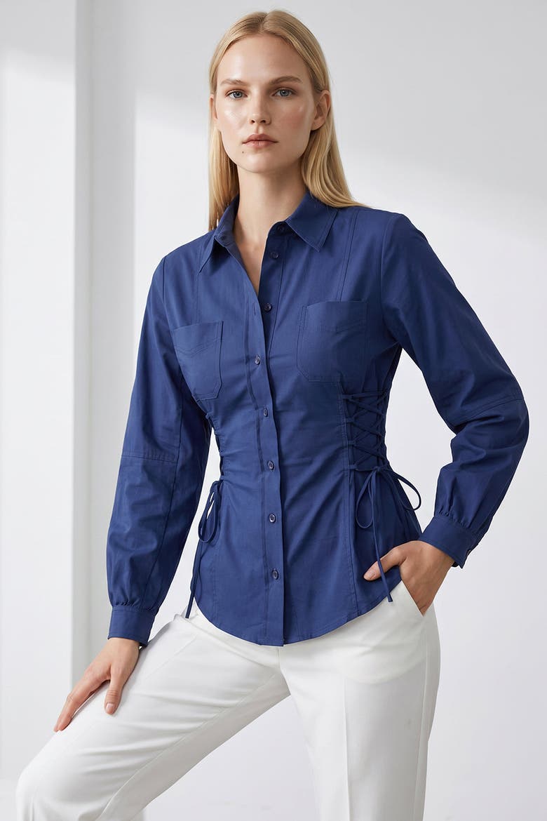 Arcene Fitted Waist Balloon Sleeve Shirt, Alternate, color, Navy