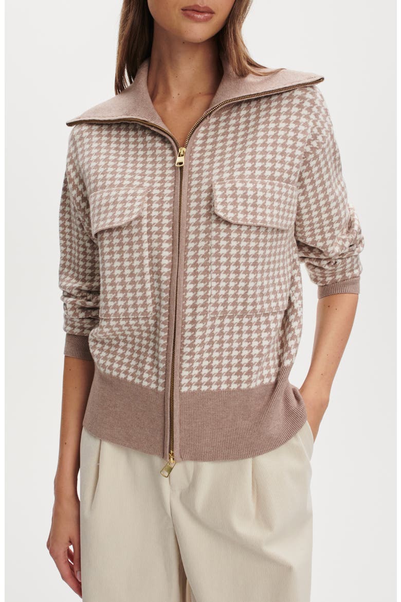 Ablett Houndstooth Jacquard Zip Cardigan, Alternate, color, TAUPE