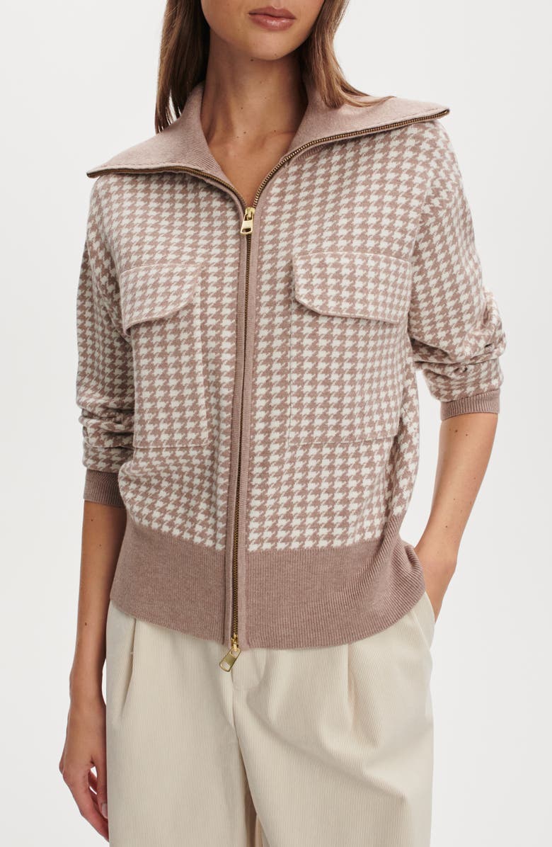 Varley Ablett Houndstooth Jacquard Zip Cardigan, Alternate, color, Taupe