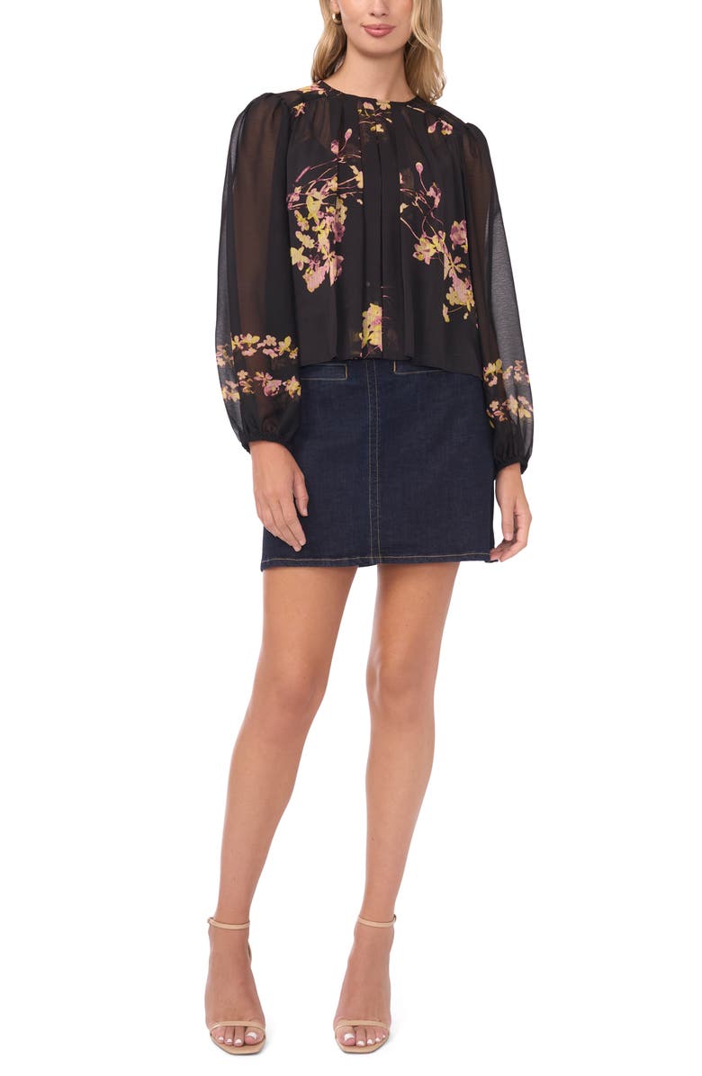 Vince Camuto Floral Pleat Front Top, Alternate, color, Rich Black