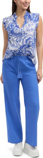 売れ筋商品|||エレントレイシー カットソー トップス レディース Women's Linen Blend Top With Ruffle Sleeve and Collar Azure batik floral LINEN BLEND RUFFLE TOP – Ellen Tracy