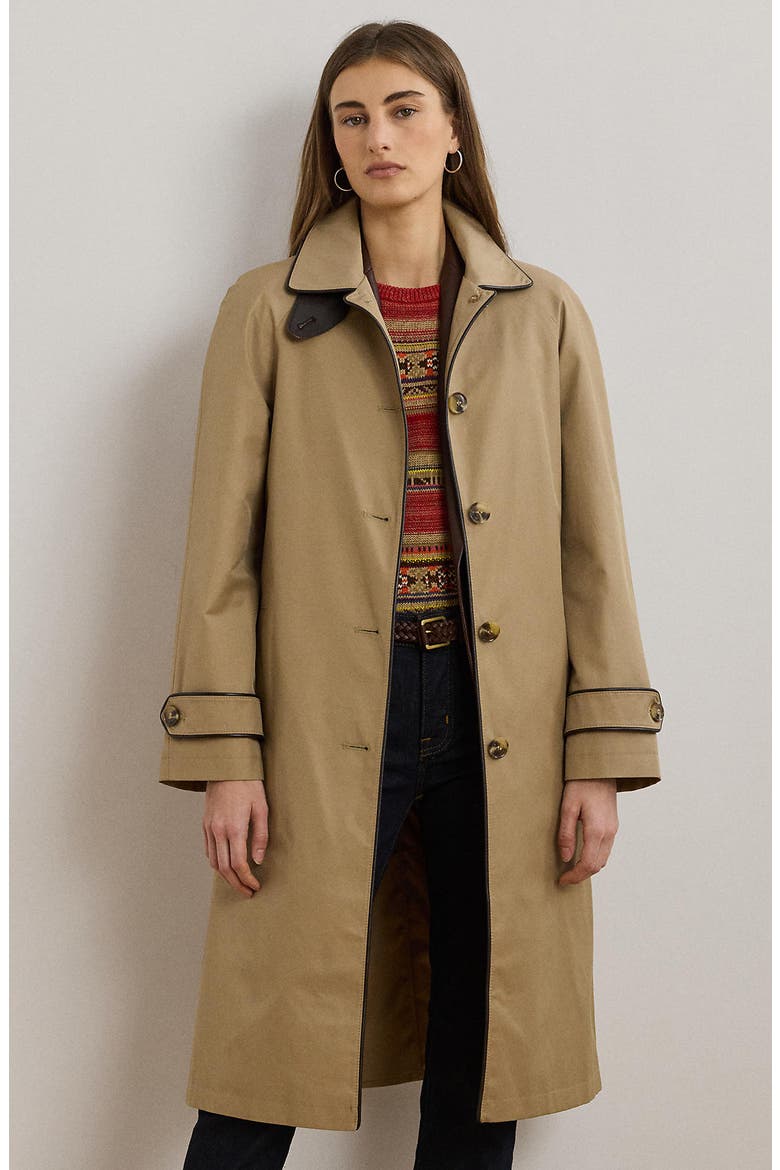 Balmacaan Single Breasted Raincoat with Faux Leather Trim, Alternate, color, SAND