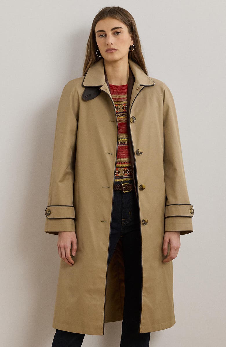 Lauren Ralph Lauren Balmacaan Single Breasted Raincoat with Faux Leather Trim, Alternate, color, Sand