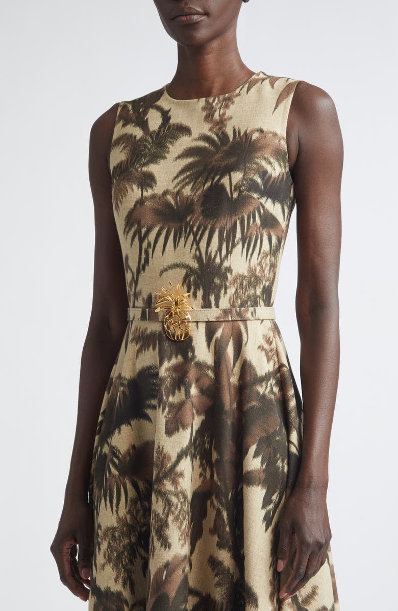 Oscar de la Renta Chiné Palm Leaves Print Dress, Alternate, color, Espresso/ Ivory