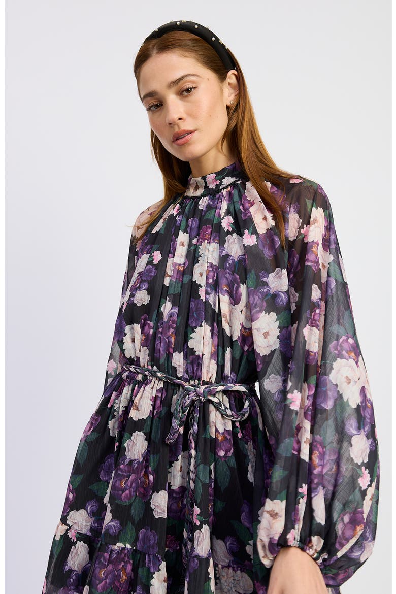 Jasmine Floral Long Sleeve Chiffon Minidress, Alternate, color, BLACK PURPLE MAUVE