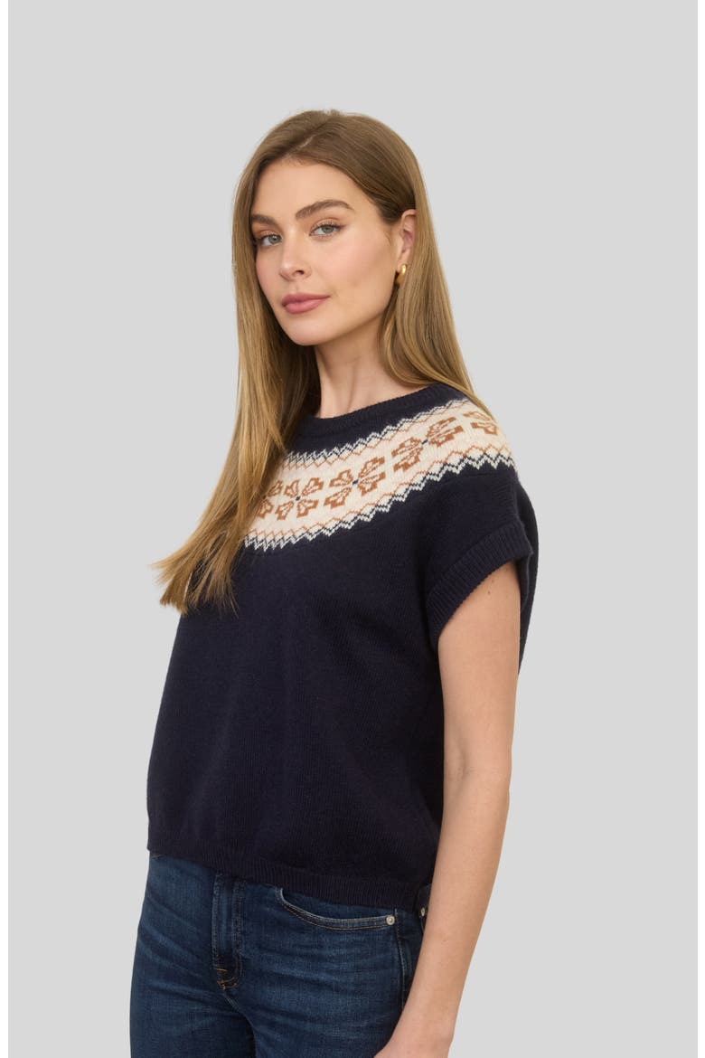 Fair Isle Yoke Short Sleeve Sweater, Alternate, color, NAVY