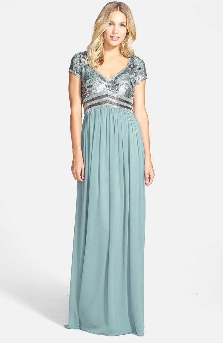 Adrianna Papell Embellished Cap Sleeve Chiffon Gown, Main, color,