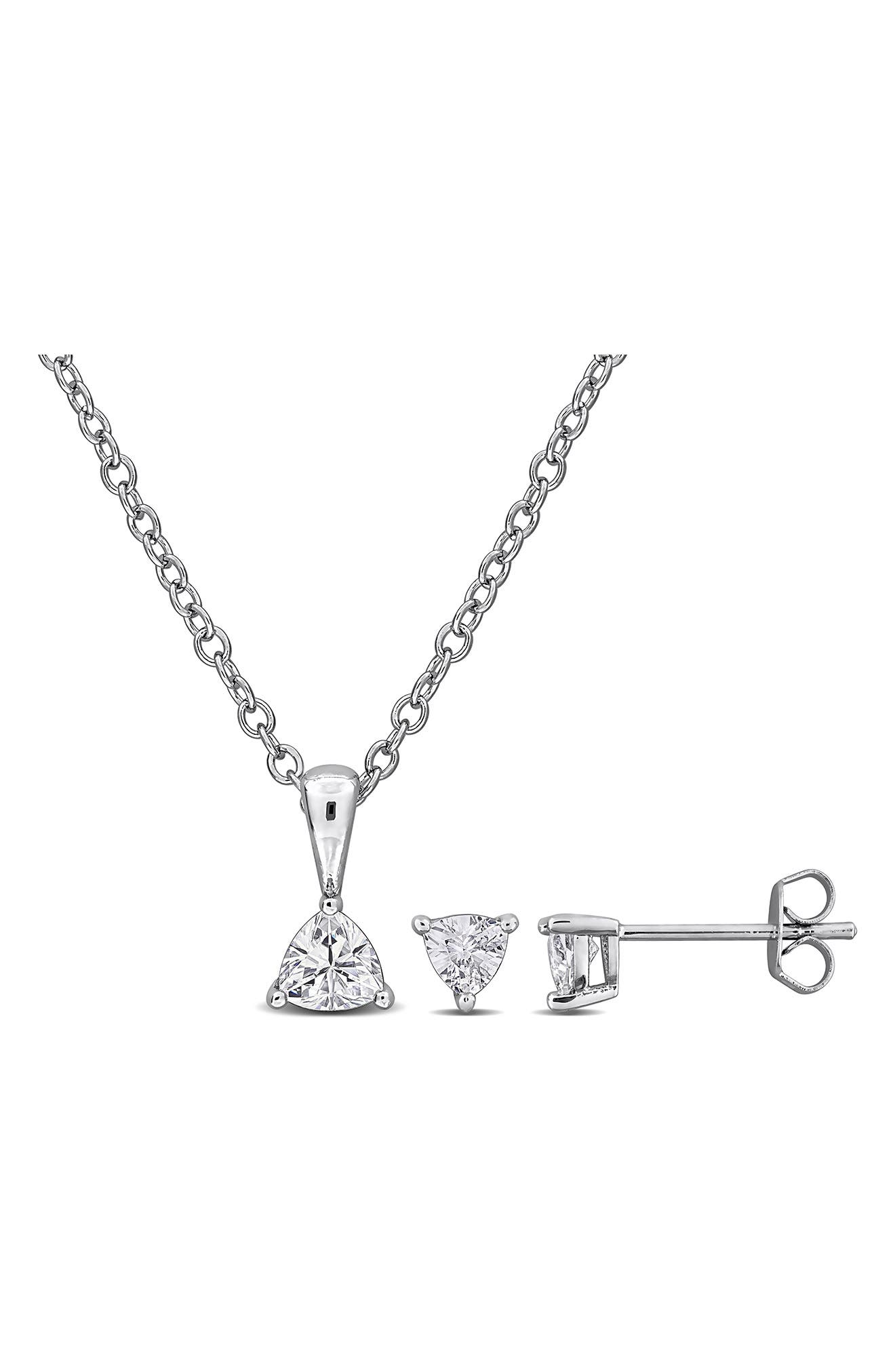 DELMAR Trillion Cut Cubic Zirconia Stud Earrings & Pendant Necklace Set