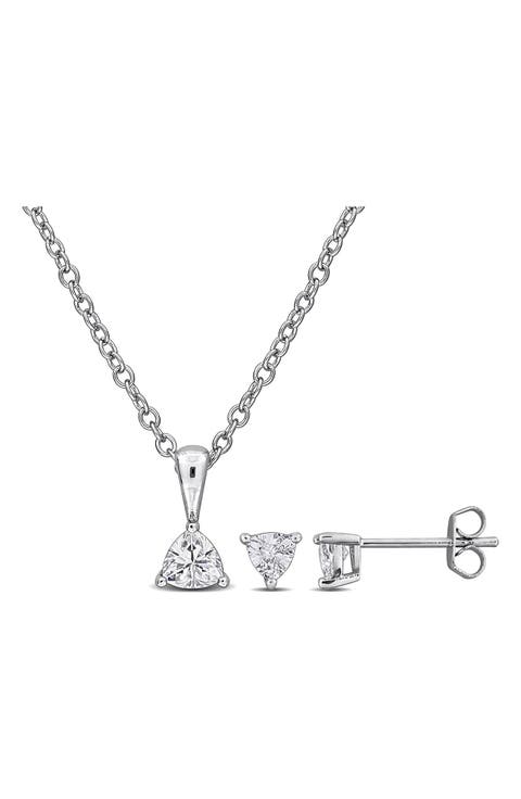 Trillion Cut Cubic Zirconia Stud Earrings & Pendant Necklace Set