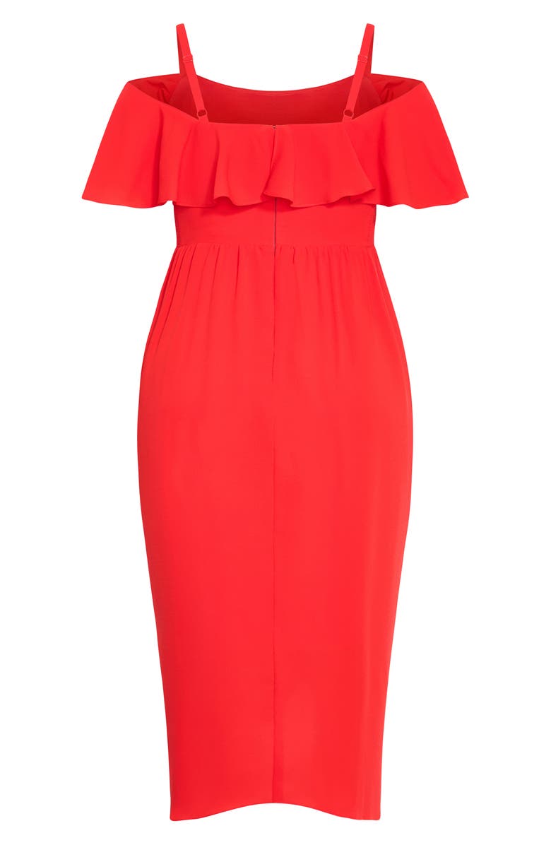 City Chic Flirtation Ruffle Off the Shoulder Cocktail Dress, Alternate, color, Tigerlily