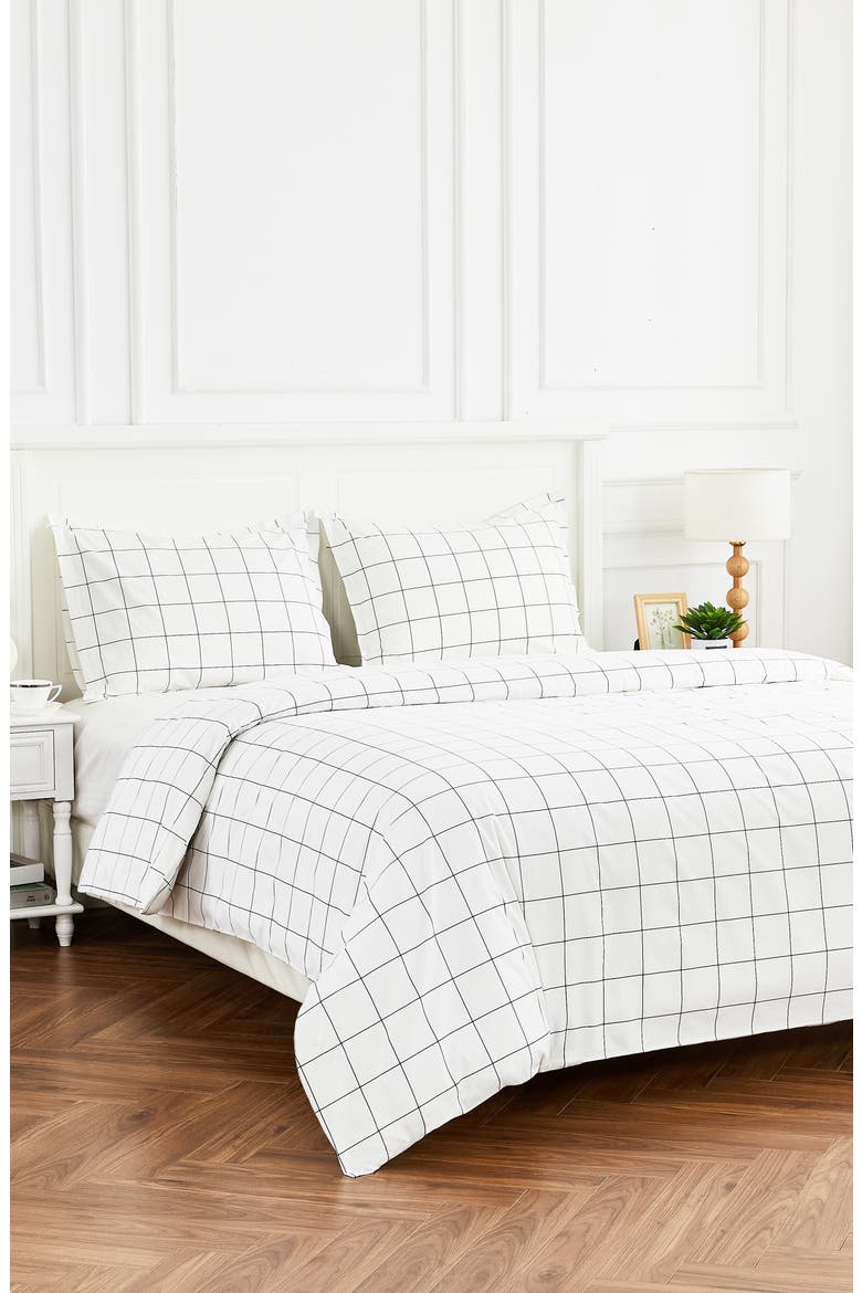 Percale Cotton Grid Duvet Set, Alternate, color, NAVY