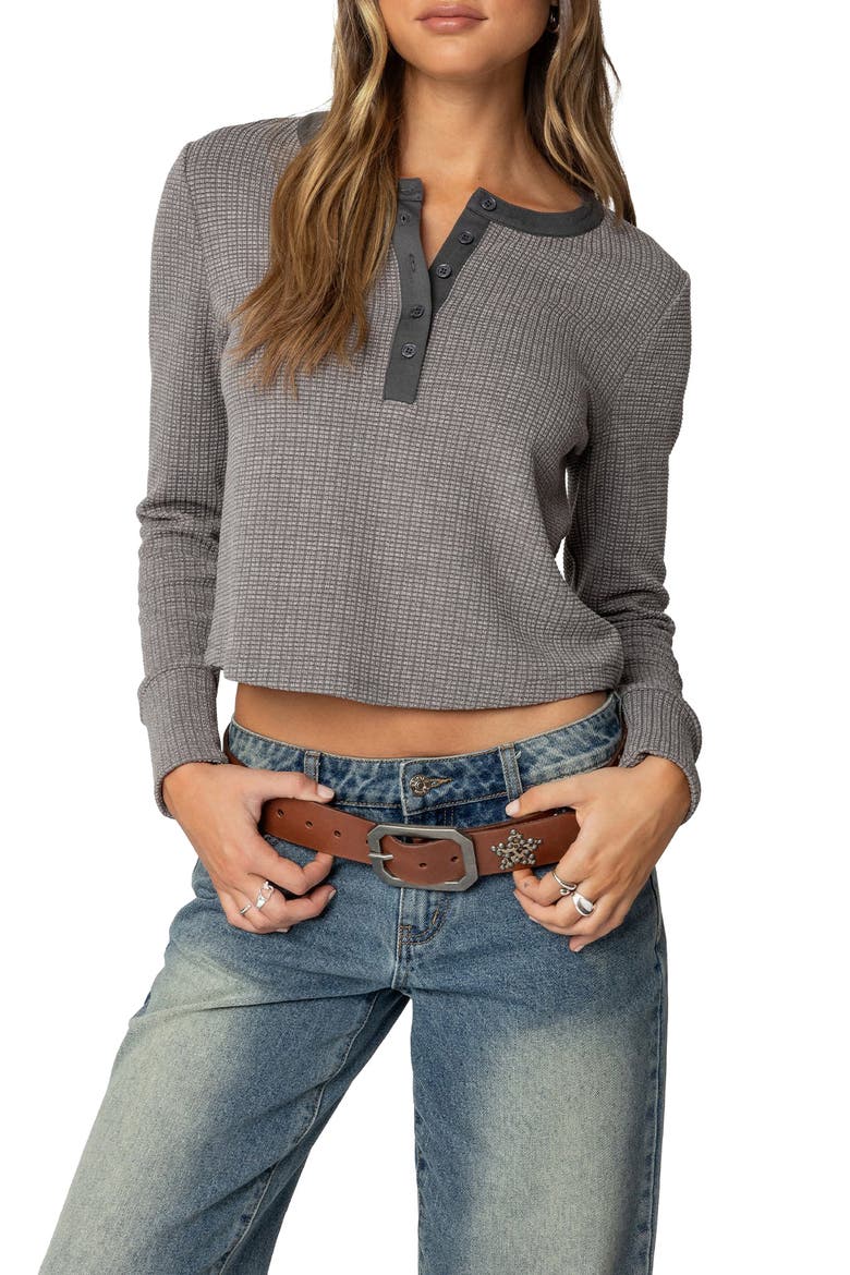 Ruth Long Sleeve Waffle Stitch Henley, Main, color, GRAY-MELANGE