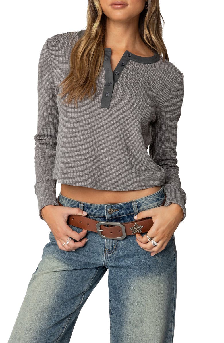 EDIKTED Ruth Long Sleeve Waffle Stitch Henley, Main, color, Gray-Melange