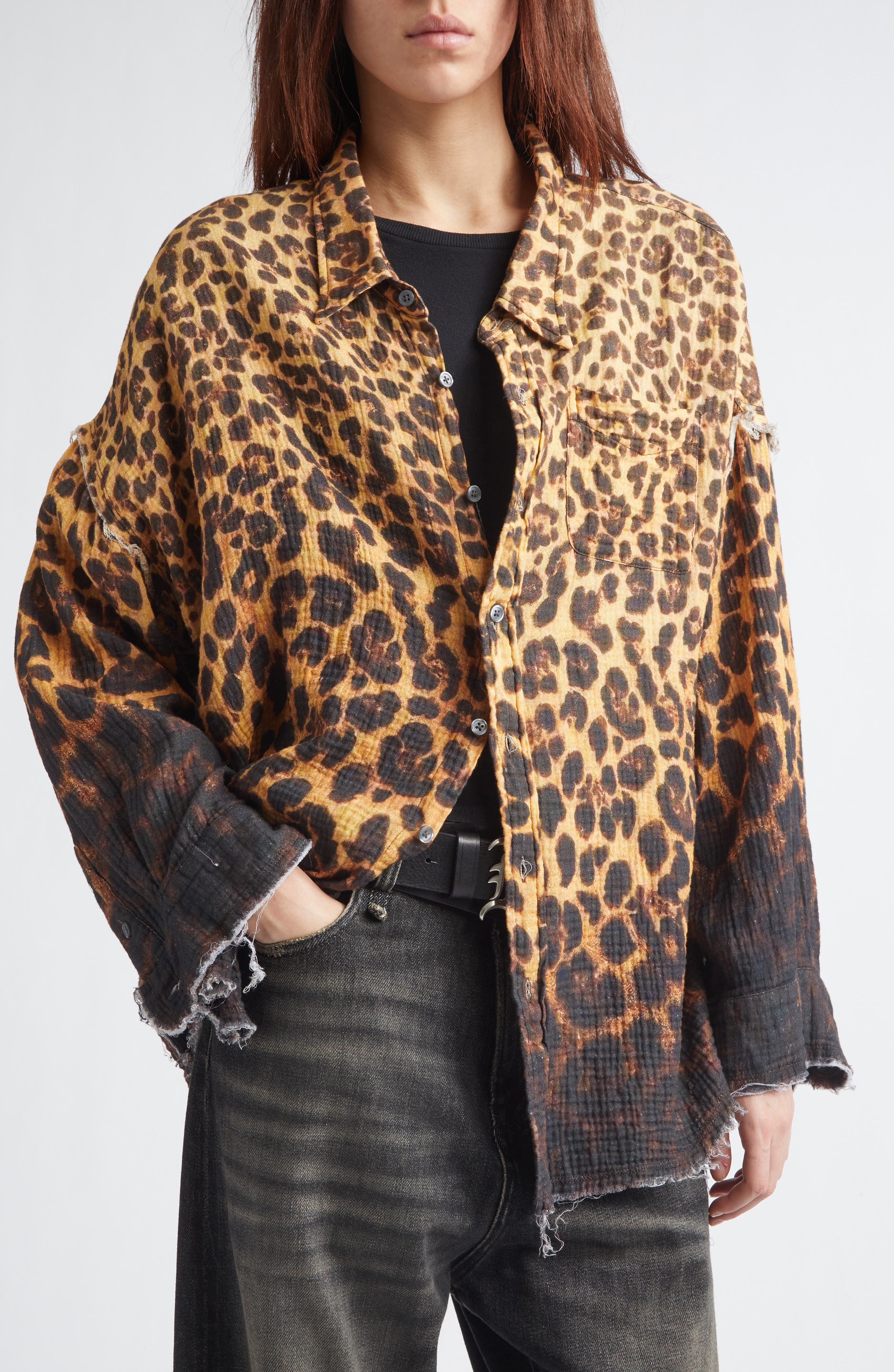 stoke laboratory OD缶カバー leopard Oversize Shredded Seam Drop Neck Leopard Print Button-Up Shirt