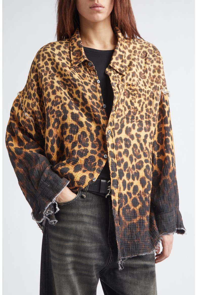 Oversize Shredded Seam Drop Neck Leopard Print Button-Up Shirt, Alternate, color, DIPPED BROWN LEOPARD