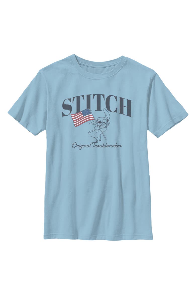 Boy's Lilo & Stitch Original American Troublemaker  Graphic T-Shirt, Main, color, Light Blue