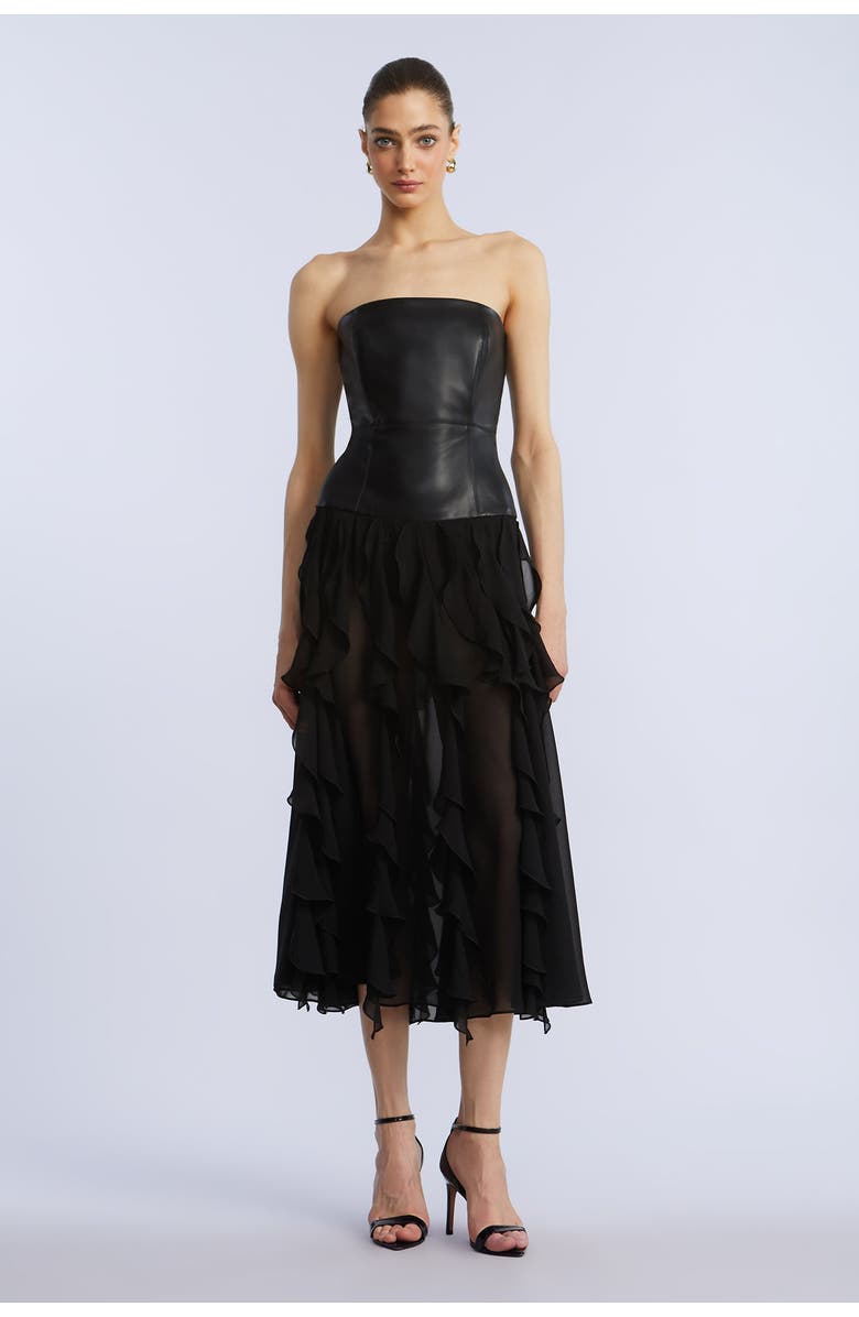 BCBGMAXAZRIA Leather Chiffon Dress, Main, color, Black