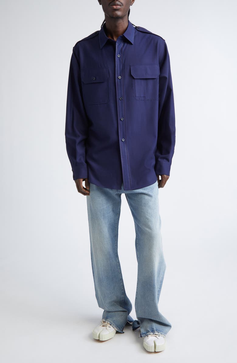 Maison Margiela Pressed to Death Wool Button-Up Shirt, Alternate, color, Navy