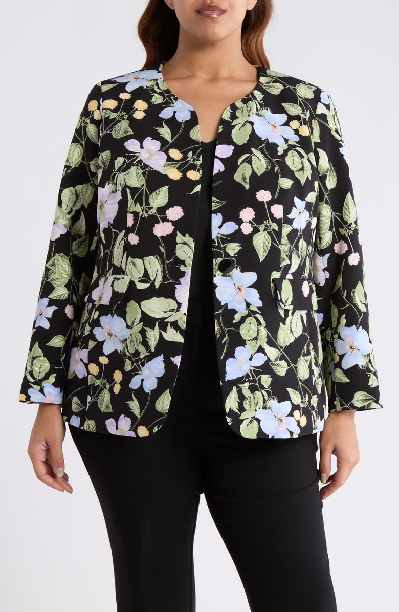 KASPER Floral Print One-Button Jacket, Main, color, Black Multi