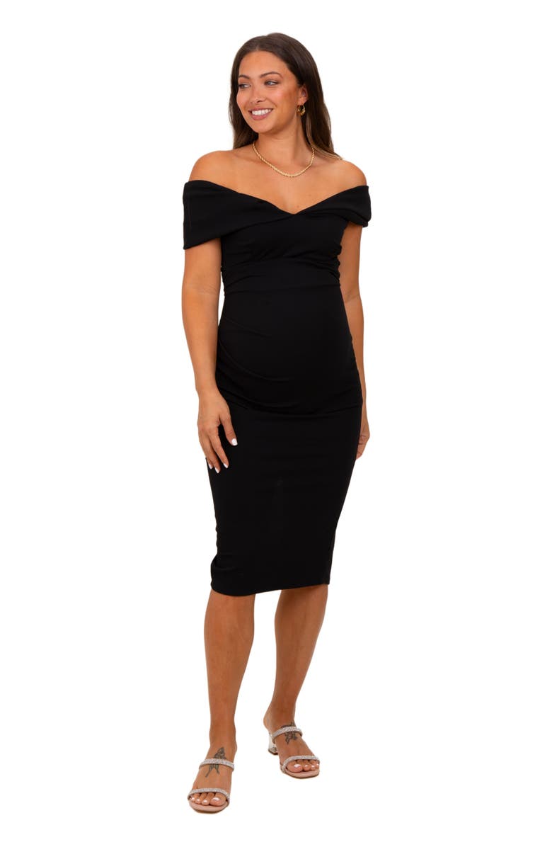 PinkBlush Off Shoulder Fitted Midi Dress, Main, color, Black