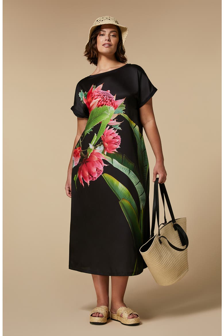 Cadine Floral Print Jersey Dress, Alternate, color, BLACK