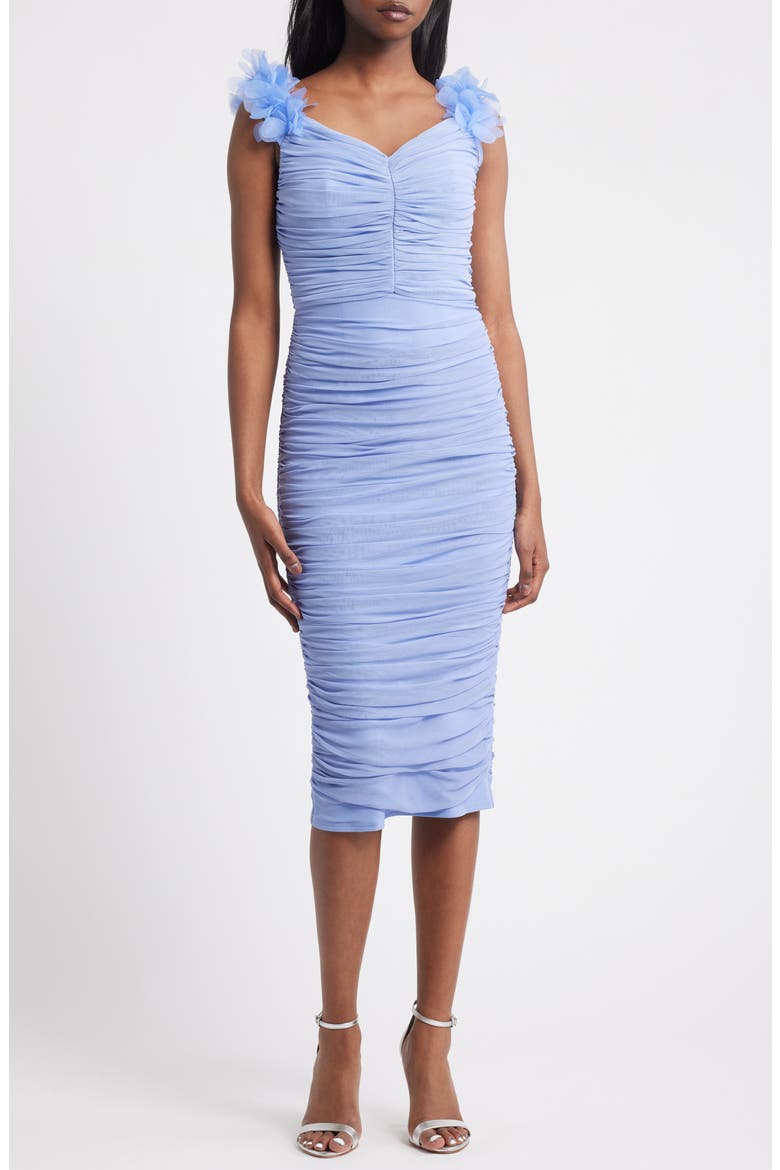 Ruched Mesh Midi Dress, Main, color, BLUE