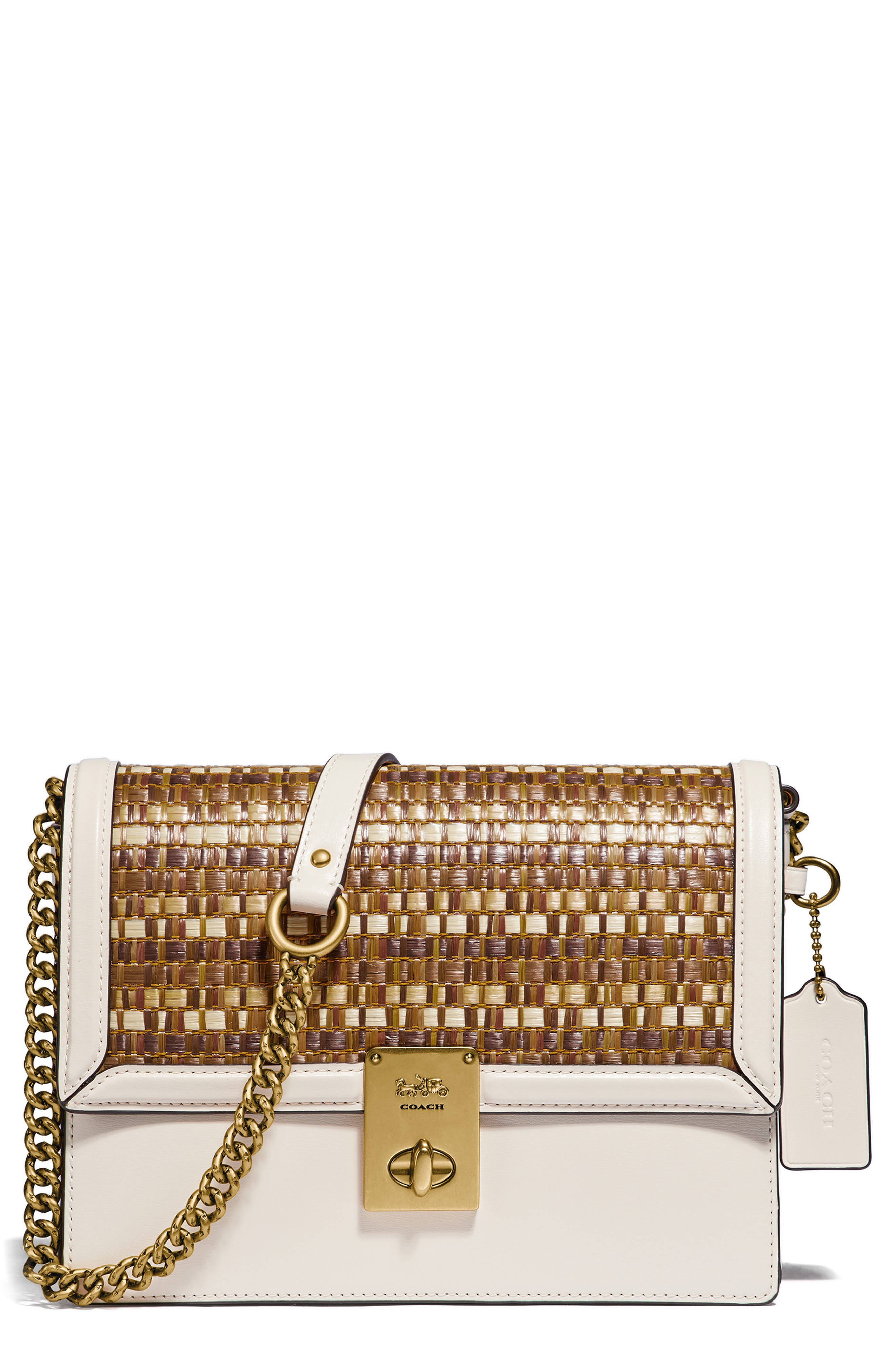 COACH Hutton Straw & Leather Shoulder Bag, Main, color, 