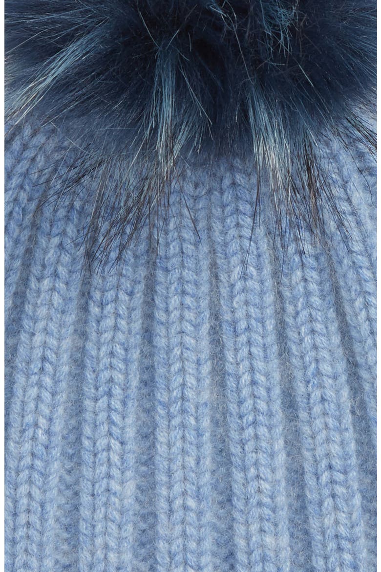 x Atlantic-Pacific Cashmere Beanie with Faux Fur Pom, Alternate, color, BLUE BRUNNERA