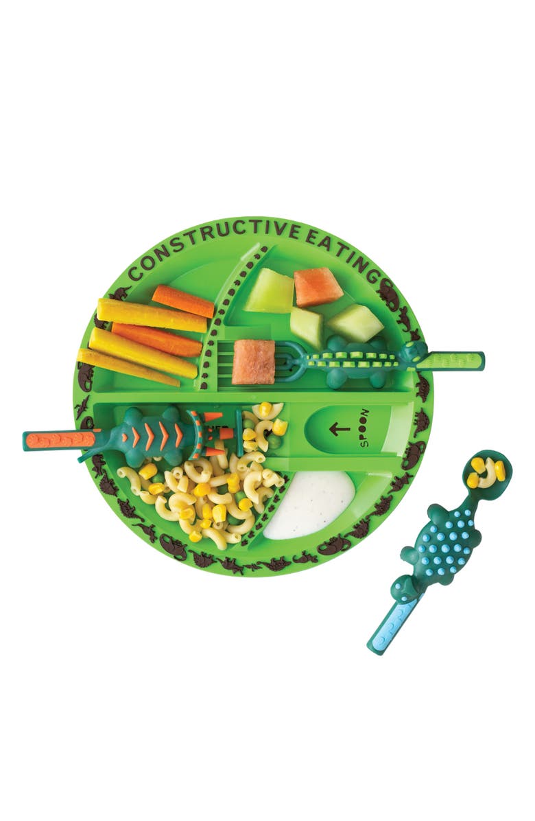 Constructive Eating Utensil and Divided Plate Set for Kids and Toddlers, Alternate, color, Green