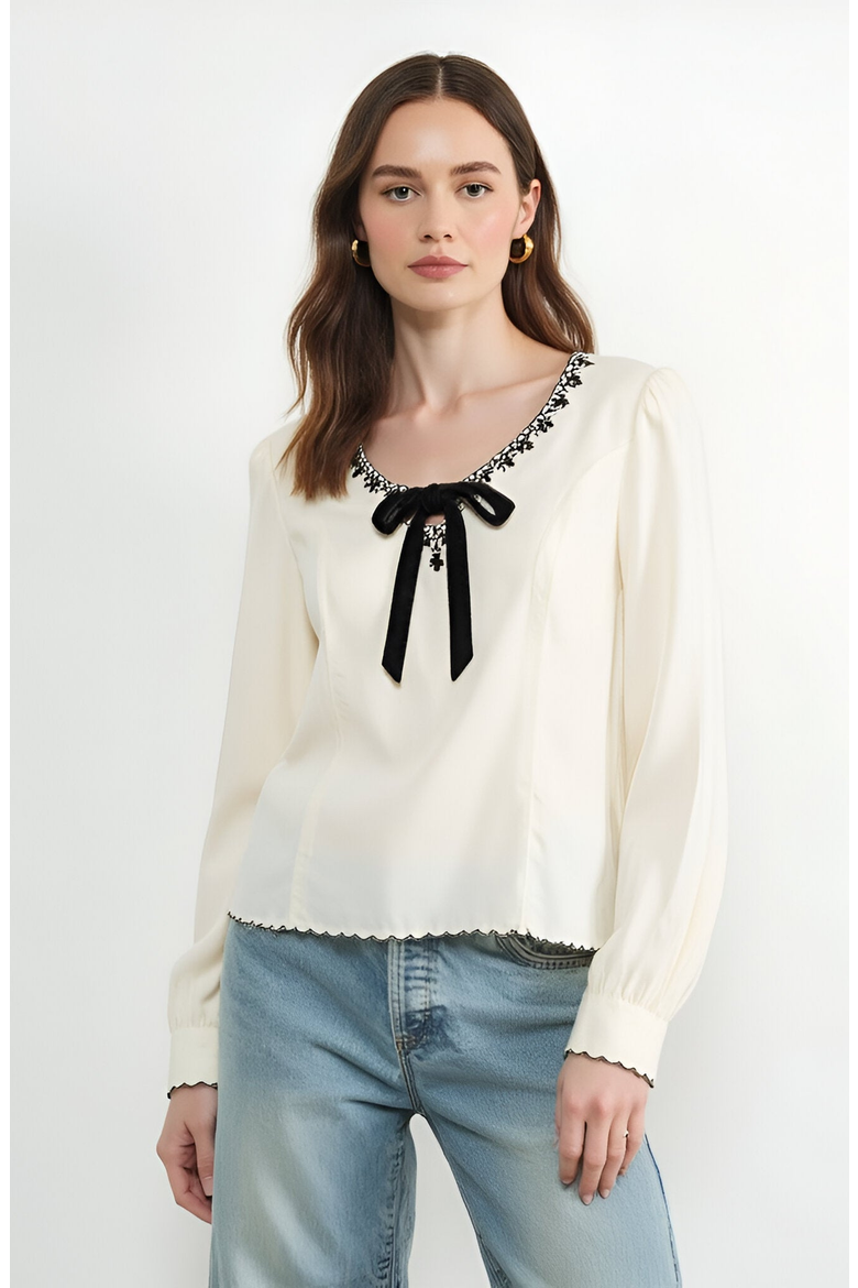 Embroidered Blouse with Velvet Bow, Main, color, Cream / Off-White