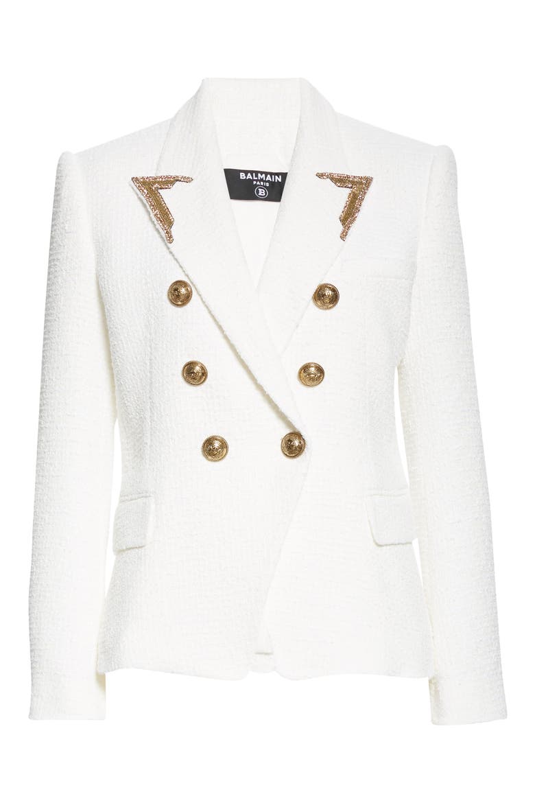 Embellished Lapel Double Breasted Tweed Blazer, Alternate, color, BLANC
