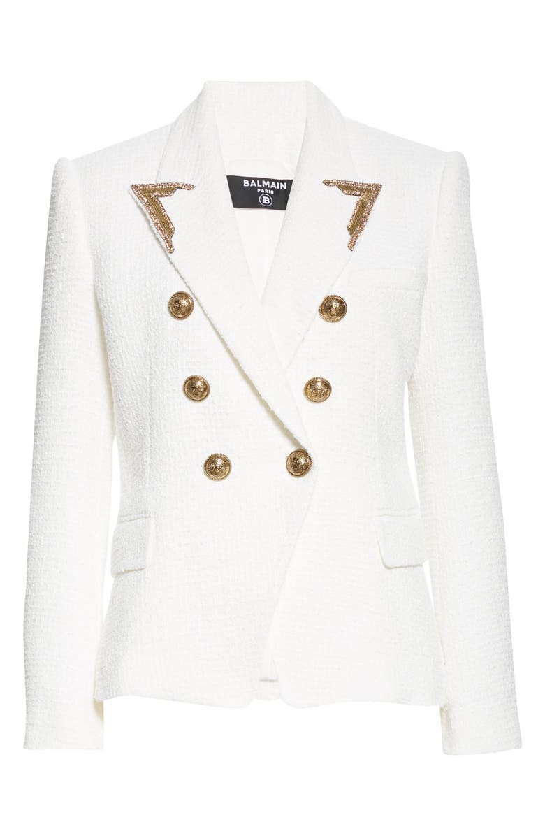 Balmain Embellished Lapel Double Breasted Tweed Blazer, Alternate, color, 
