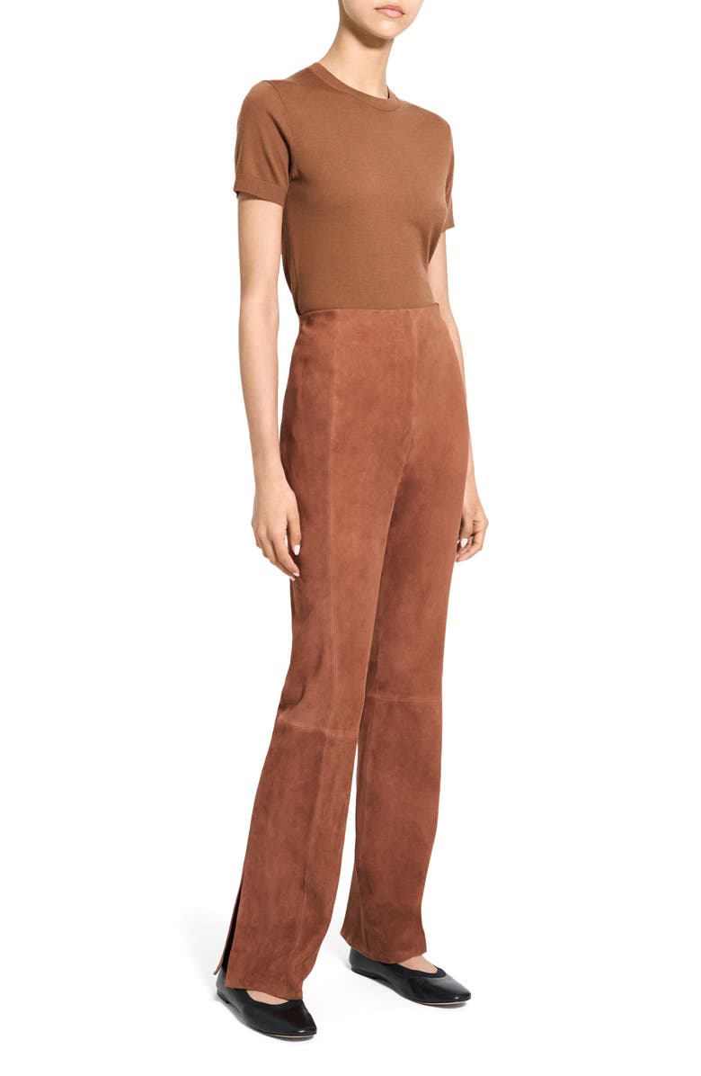 Theory Slit Hem Straight Leg Suede Pants, Alternate, color, Caramel