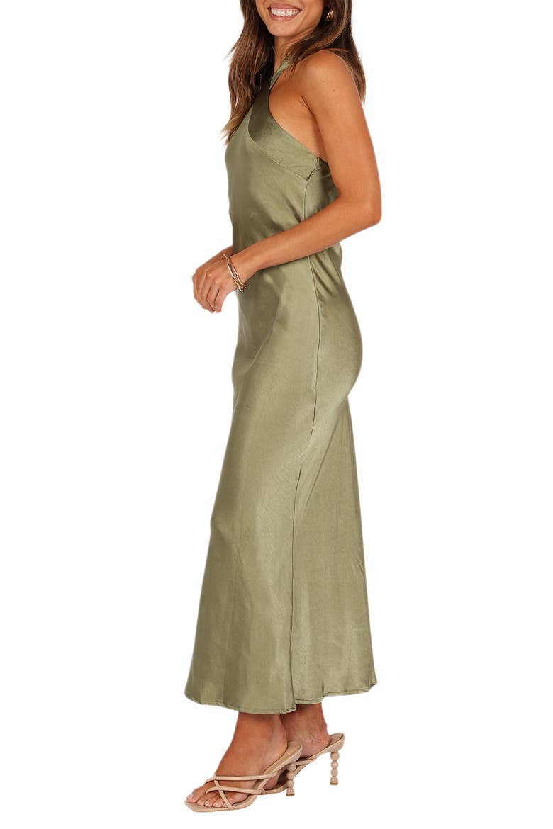 Grasie Stretch Satin Halter Dress, Alternate, color, OLIVE