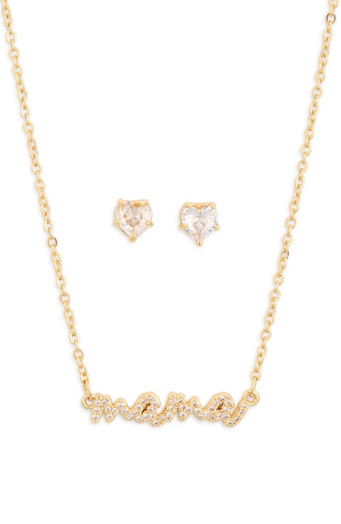 CZ Mama Script Necklace & Stud Earrings Set