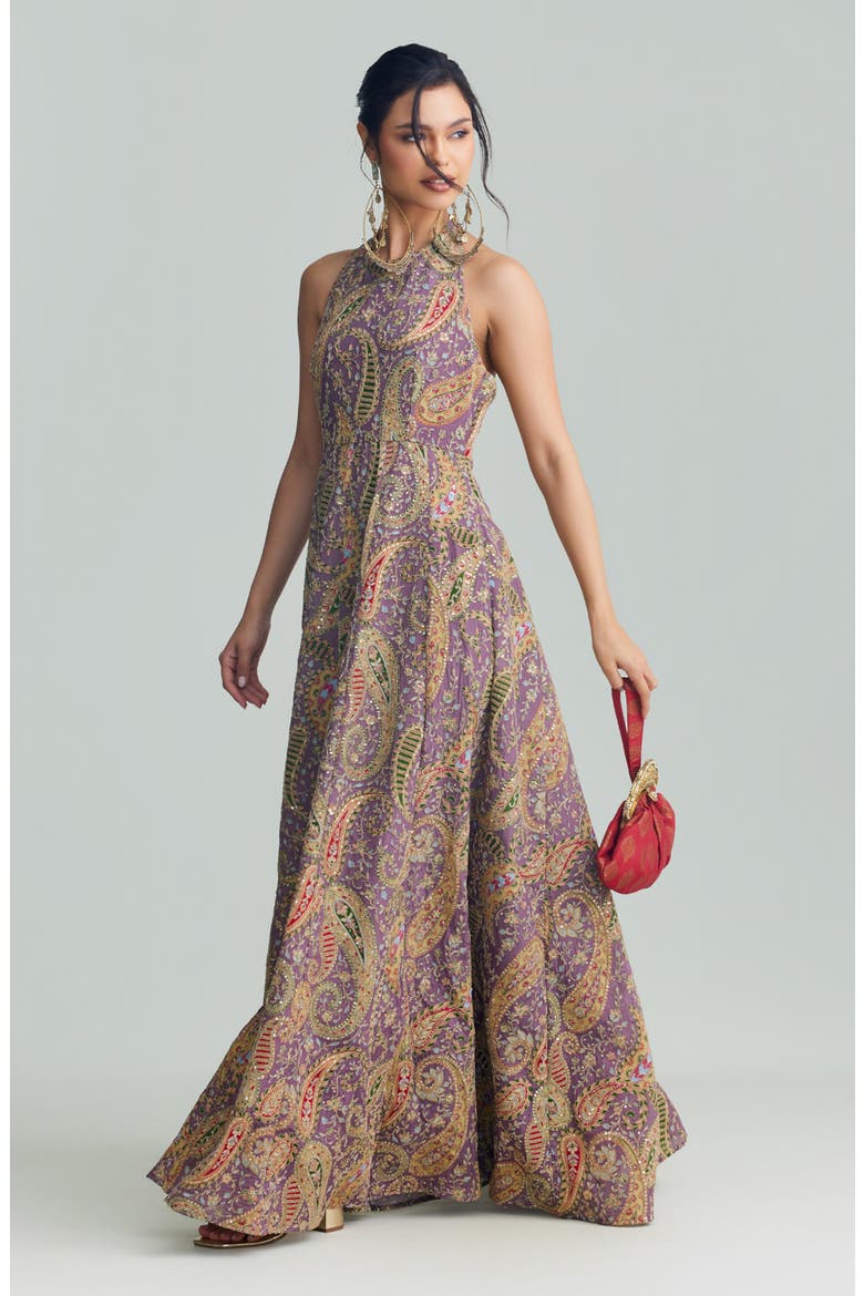 Zena Embellished Halter Gown, Alternate, color, PURPLE