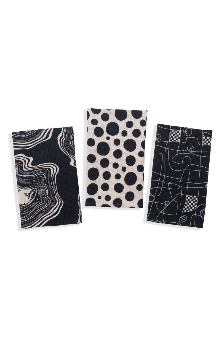 Set of Three Monochrome Abstract Kitchen Towels, Main, color, BLACK/ WHITE