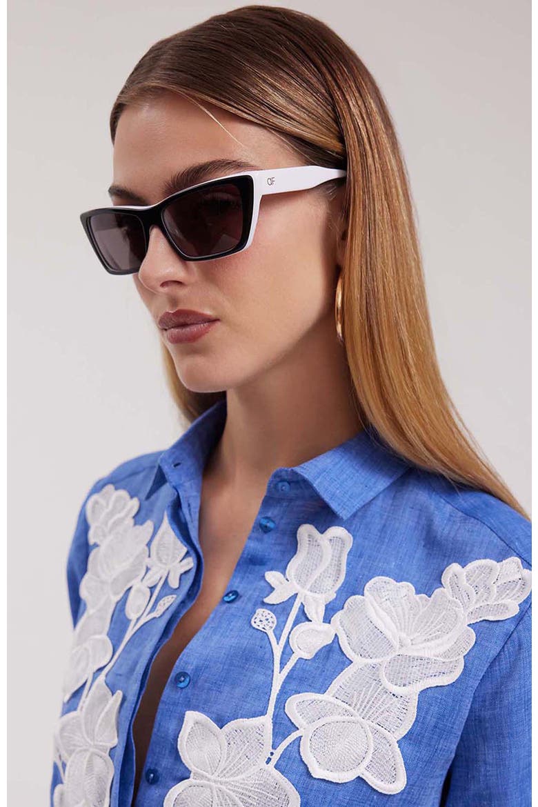 Women's Shirt  Citron Blue Linen Shirt With White Floral Applique, Alternate, color, Denim Blue