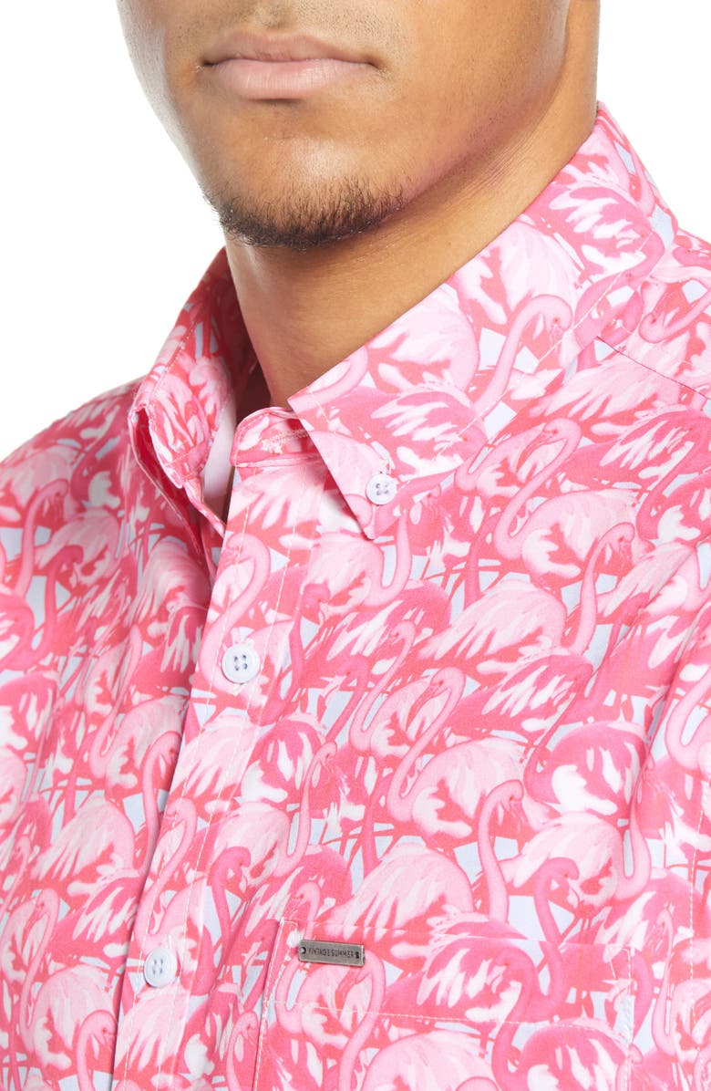 Vintage Summer Flamingos Water Repellent Short Sleeve Button-Down Shirt, Alternate, color, 