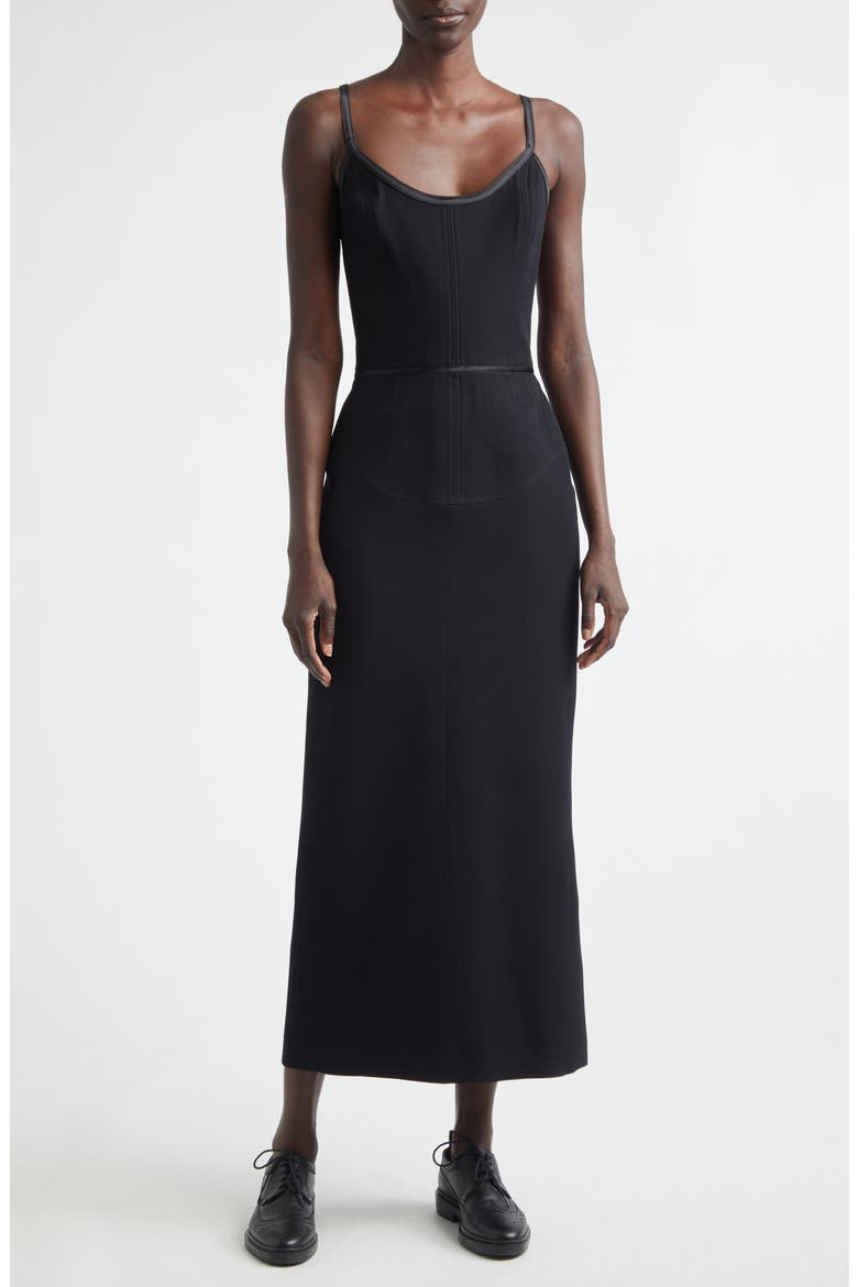Satin Tipped Whipcord Wool Corset Maxi Dress, Main, color, BLACK