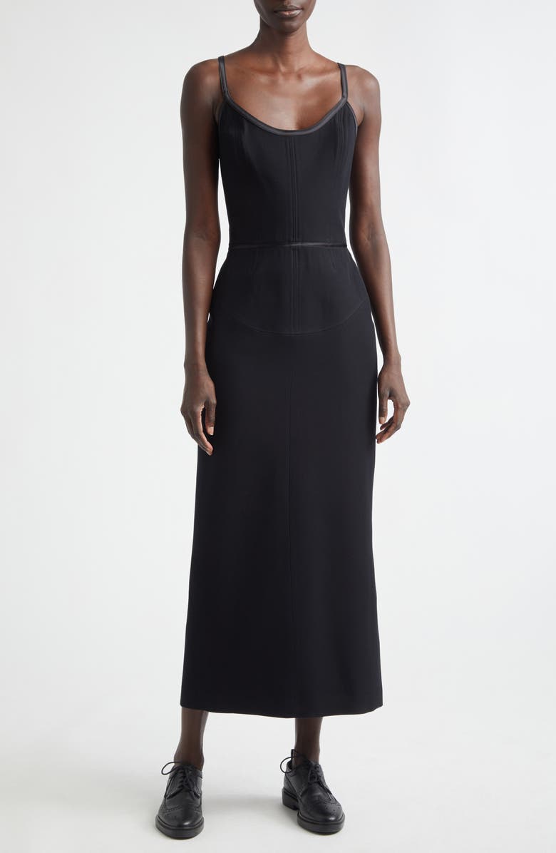 Thom Browne Satin Tipped Whipcord Wool Corset Maxi Dress, Main, color, Black