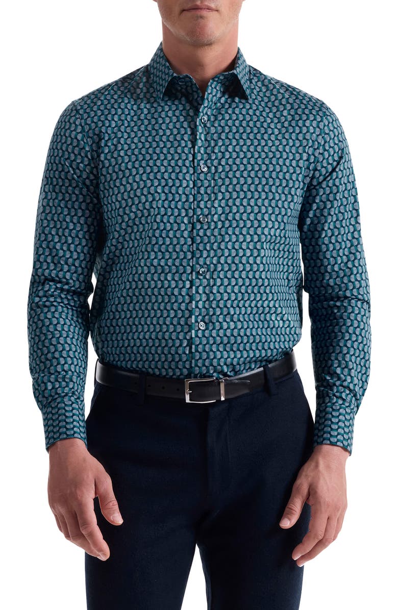 Bugatchi Julian Shaped Fit Geo Print Button-Up Shirt, Main, color, Teal
