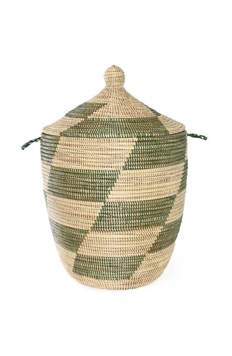 African Modern Set of Three Green and Cream Mixed Pattern Hampers, Alternate, color, Green And Cream