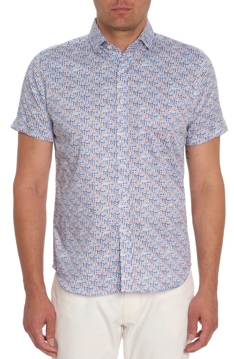 Robert Graham Overlook Glasses Print Short Sleeve Cotton Button-Up Shirt, Main, color,
