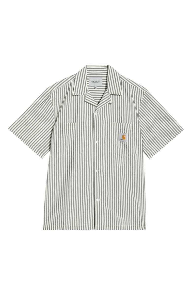 Carhartt Work In Progress Leavel Stripe Seersucker Cotton Blend Button-Up Bowling Shirt, Main, color, Leavel Stripe, Black / Wax